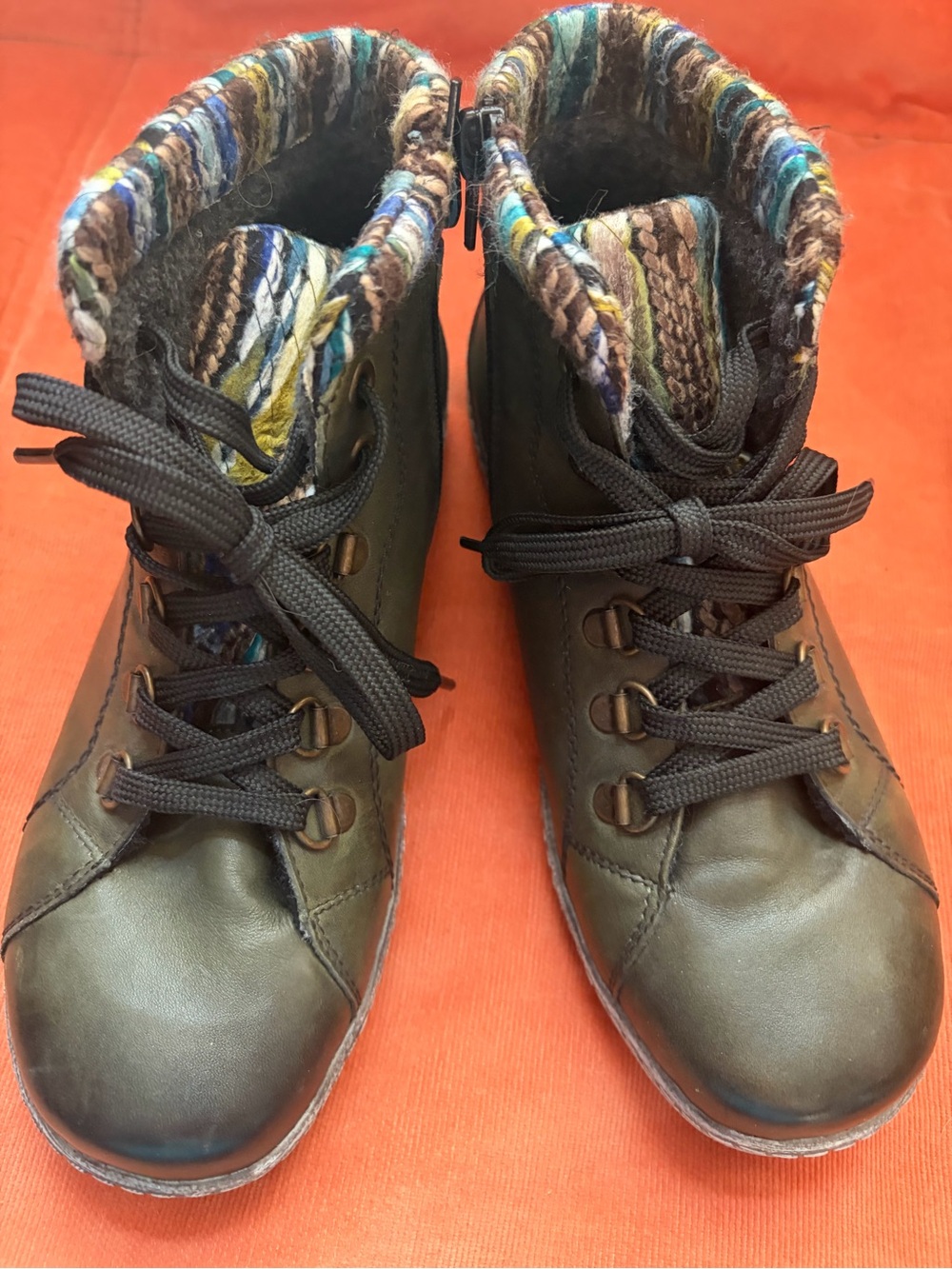 Remonte Olive Lace-Up Ankle Boots with Multicolor Knit Cuff